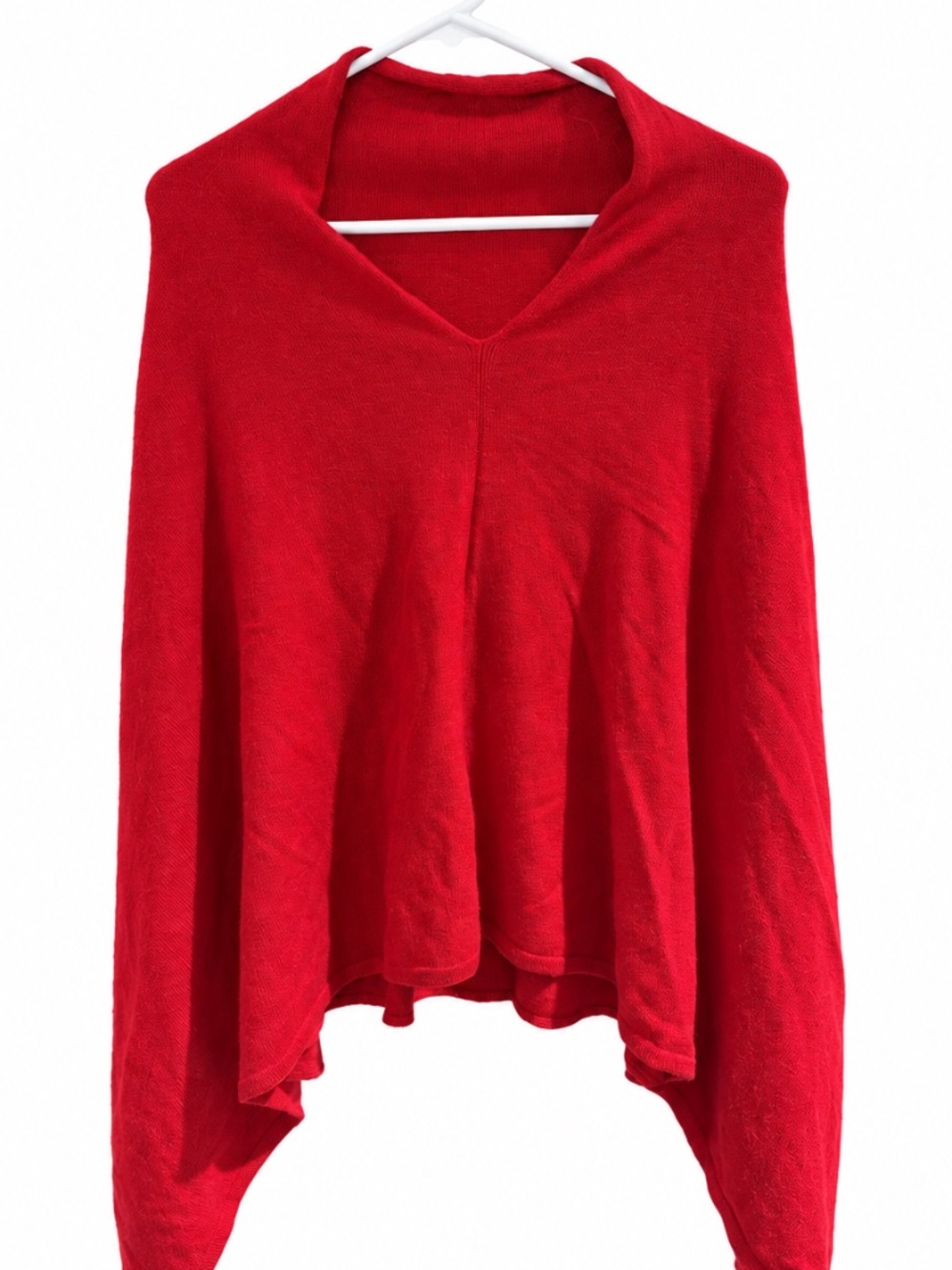 Red Cashmere V-Neck Poncho with Draped Asymmetrical Hem